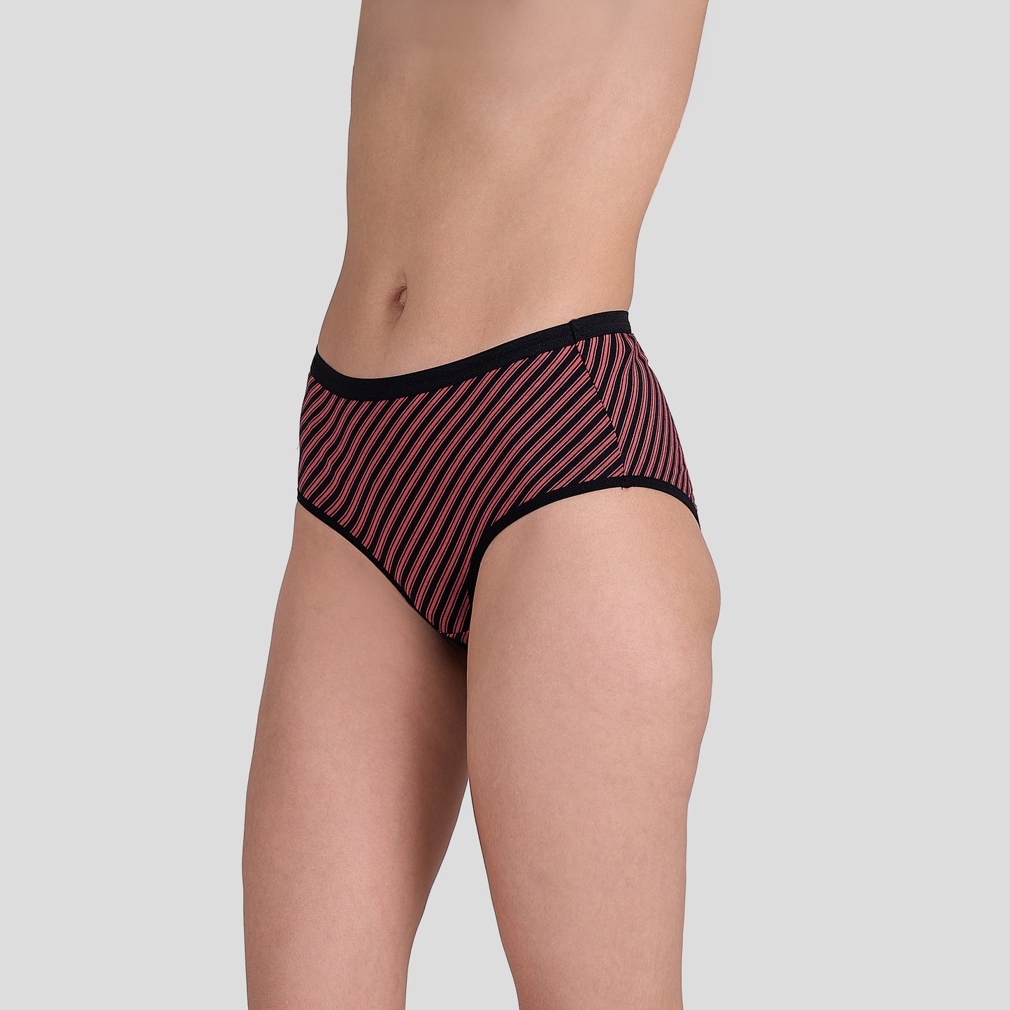 Person wearing a Dice red and black striped underwear on a gray background