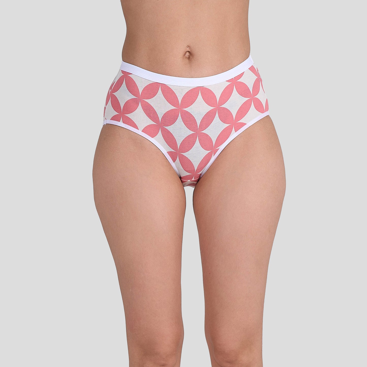 Dice White underwear with pink geometric pattern on a gray background