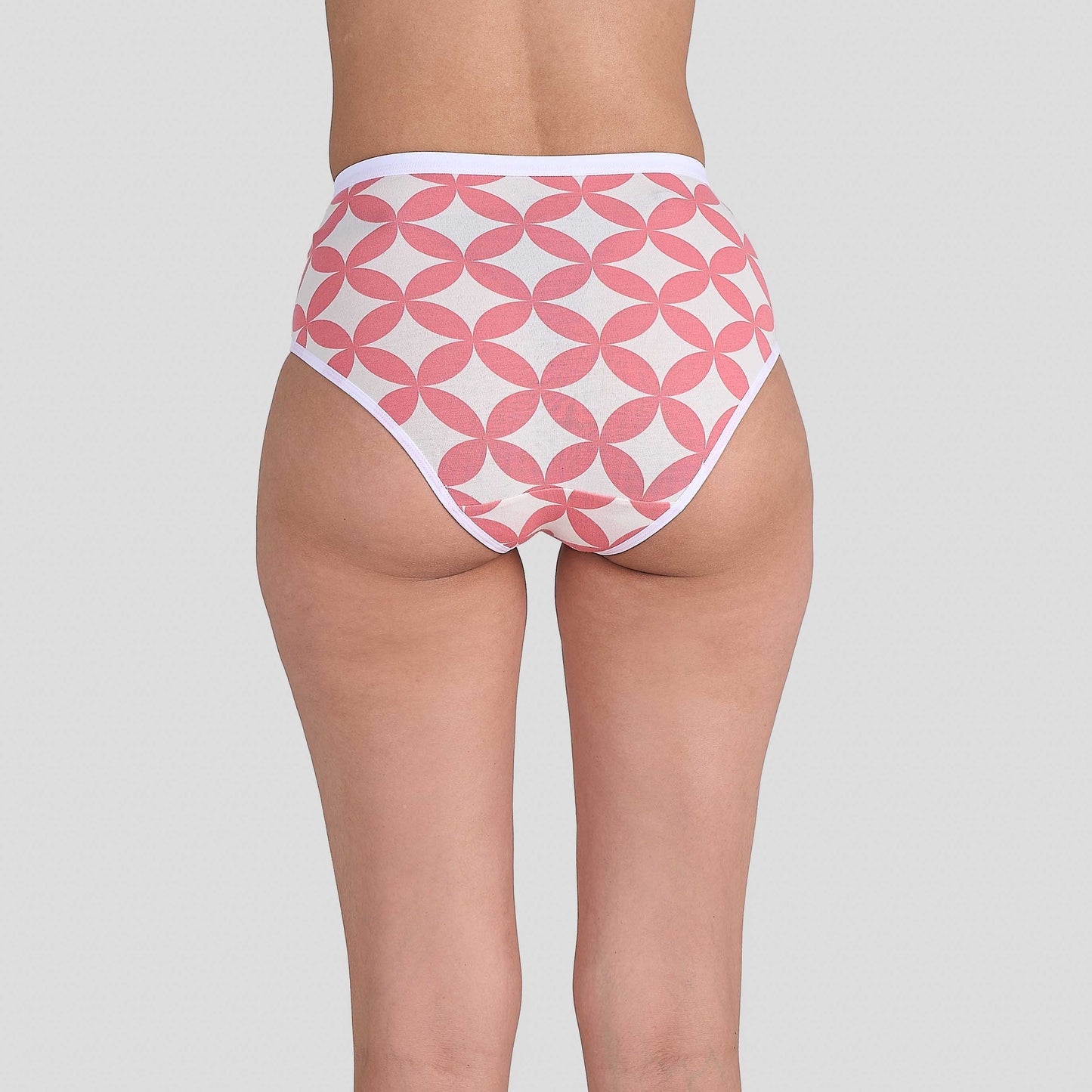 Dice High-waisted bikini bottom with pink geometric pattern on a plain background