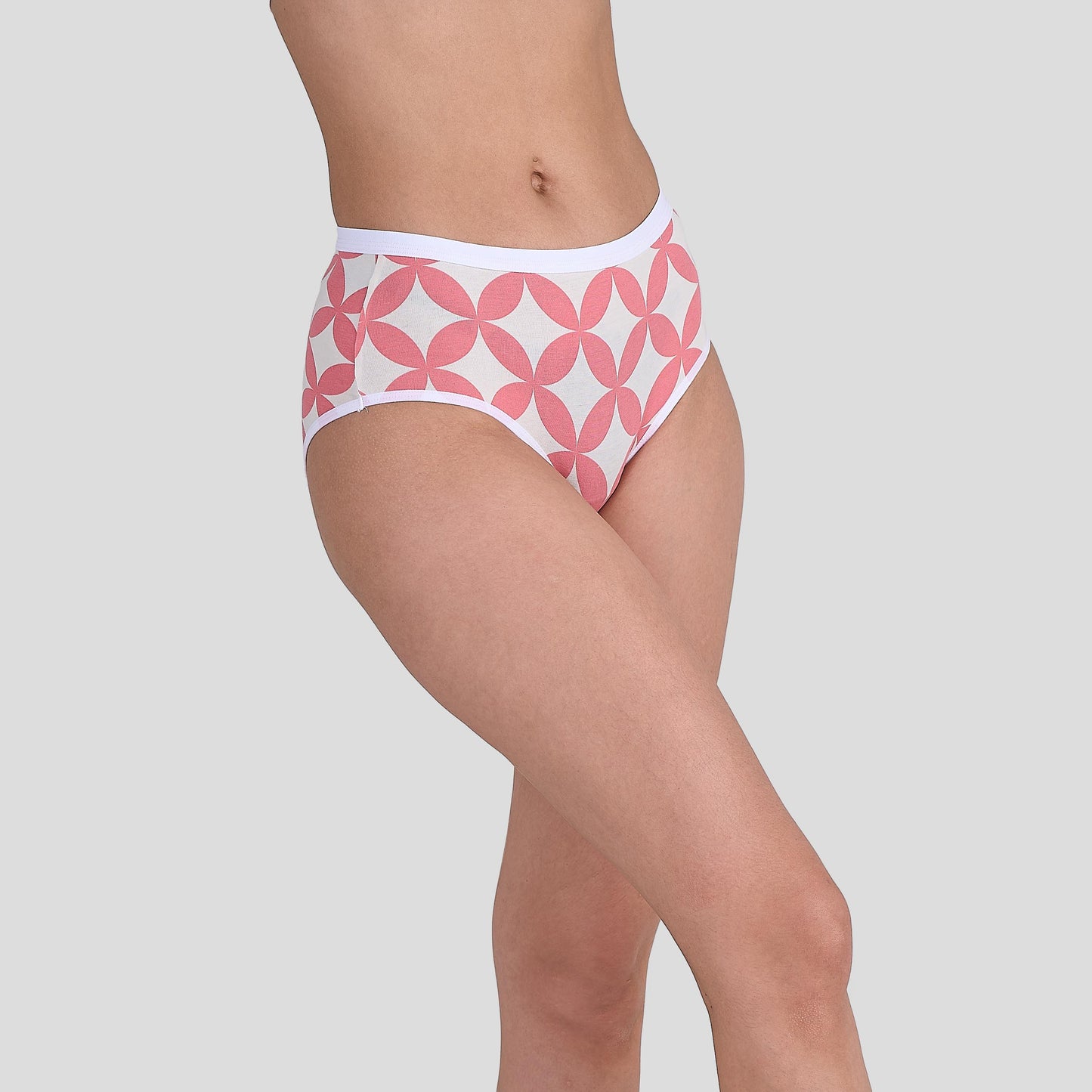 Dice White underwear with pink geometric pattern on a gray background