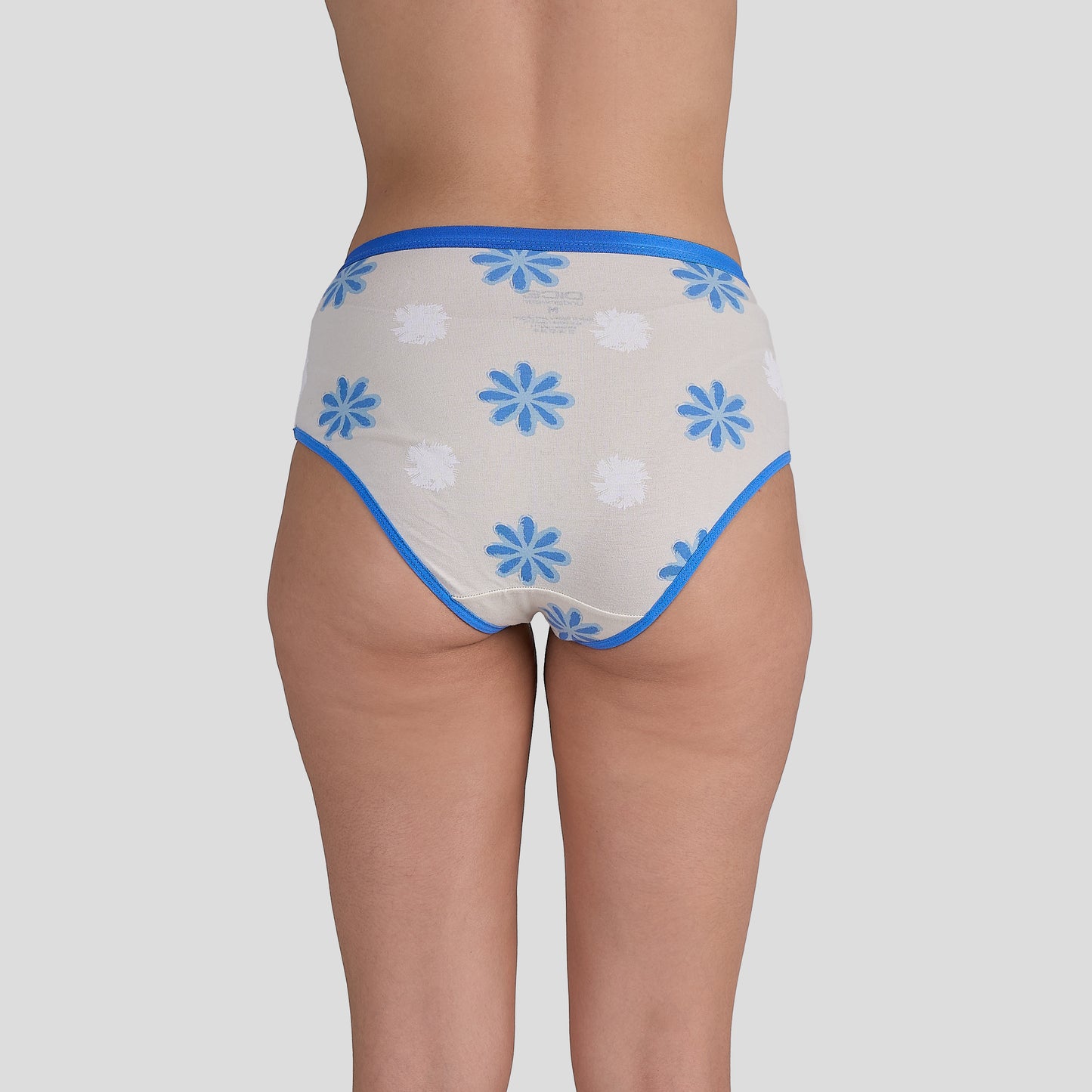 Dice Beige underwear with blue floral patterns on a plain background