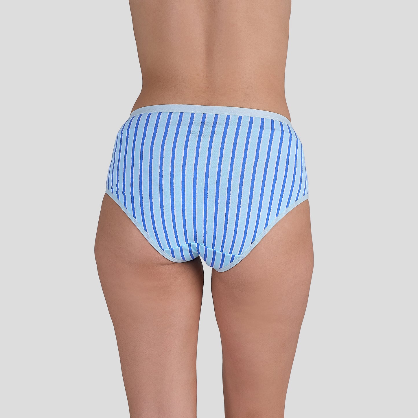 Dice Blue and white striped underwear on a plain background