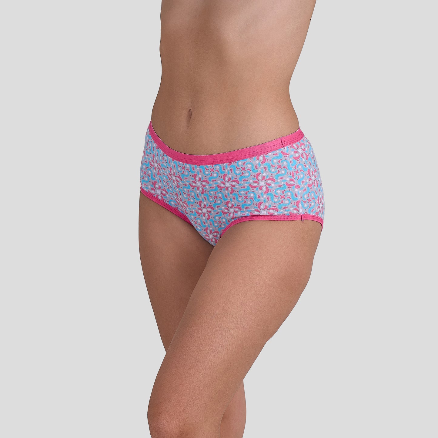 Dice Patterned underwear with pink waistband on a plain background