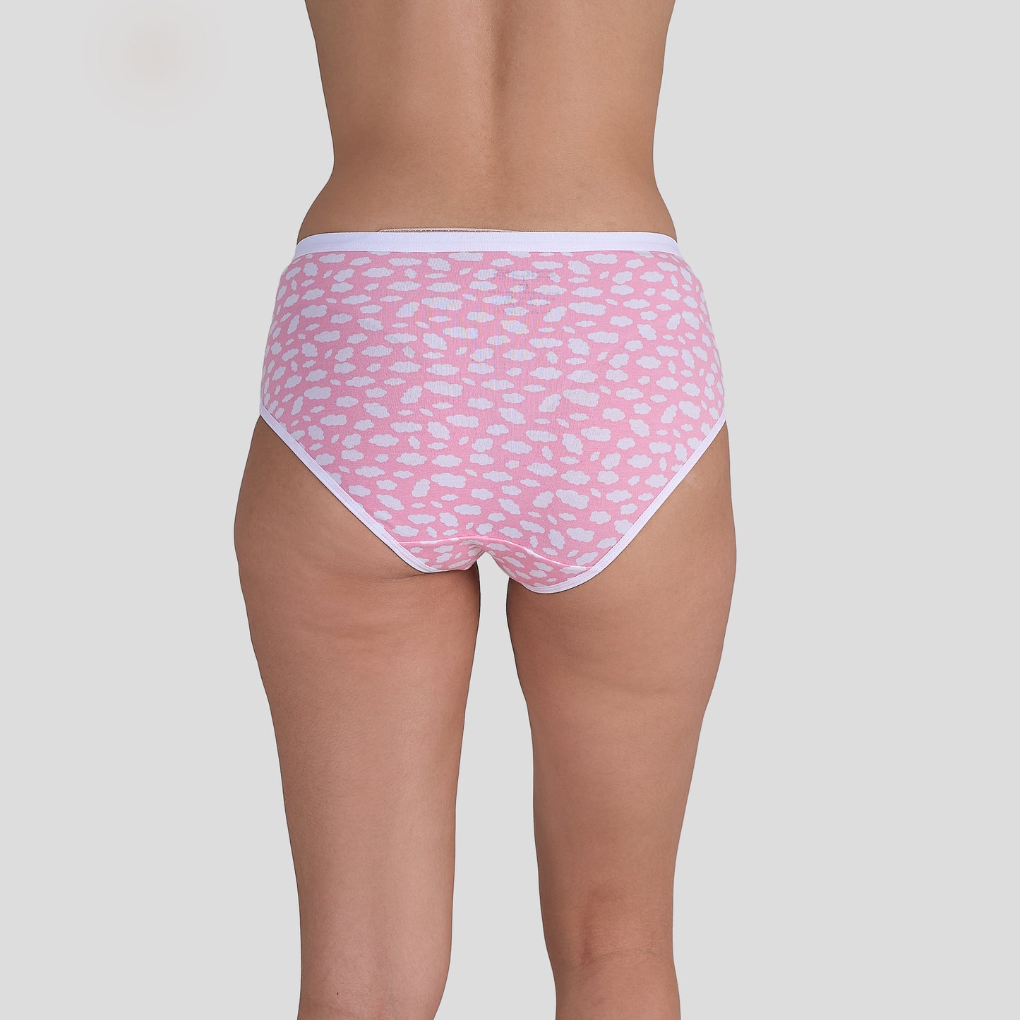 Dice Pink patterned underwear worn by a person on a plain background