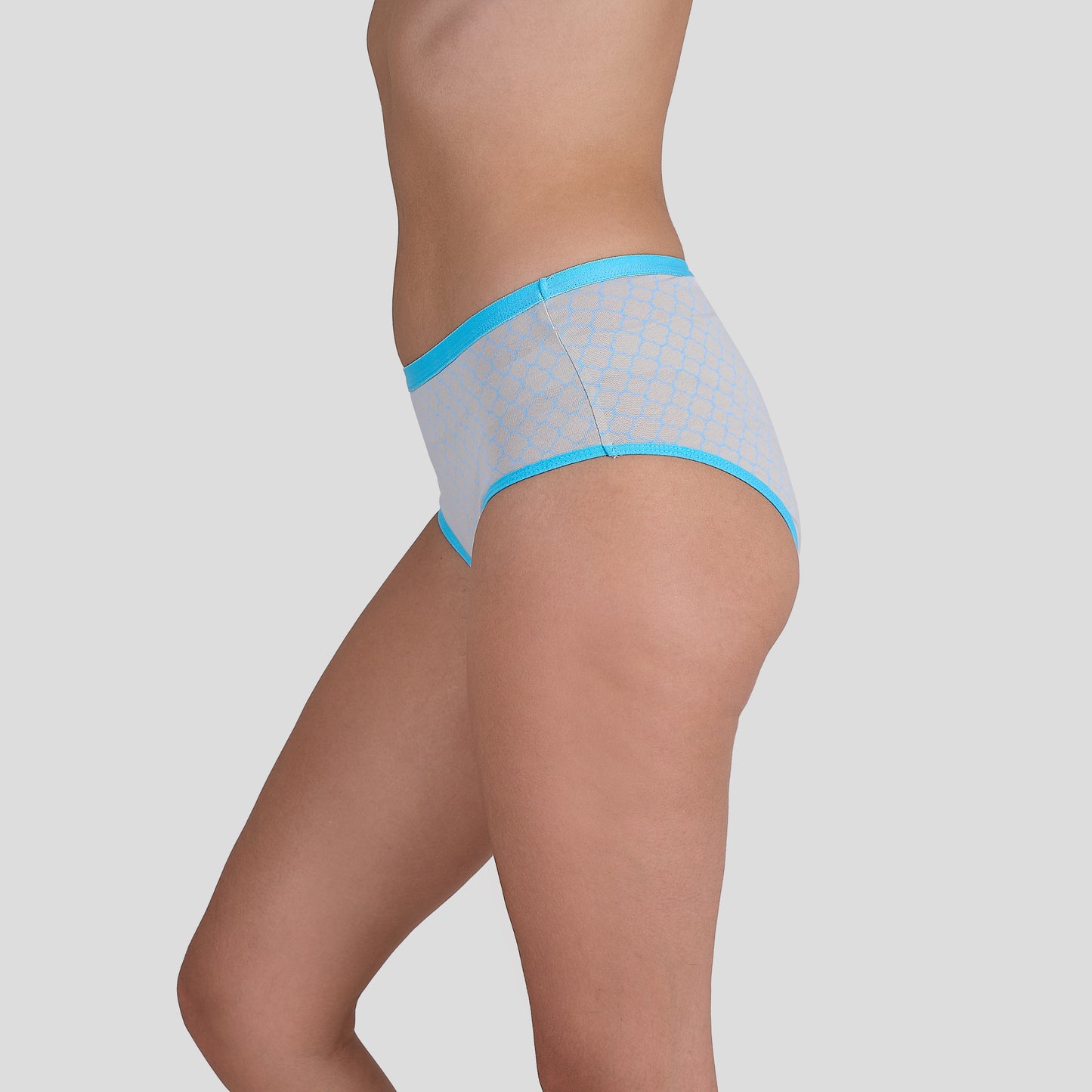 Dice Gray underwear with blue trim on a gray background
