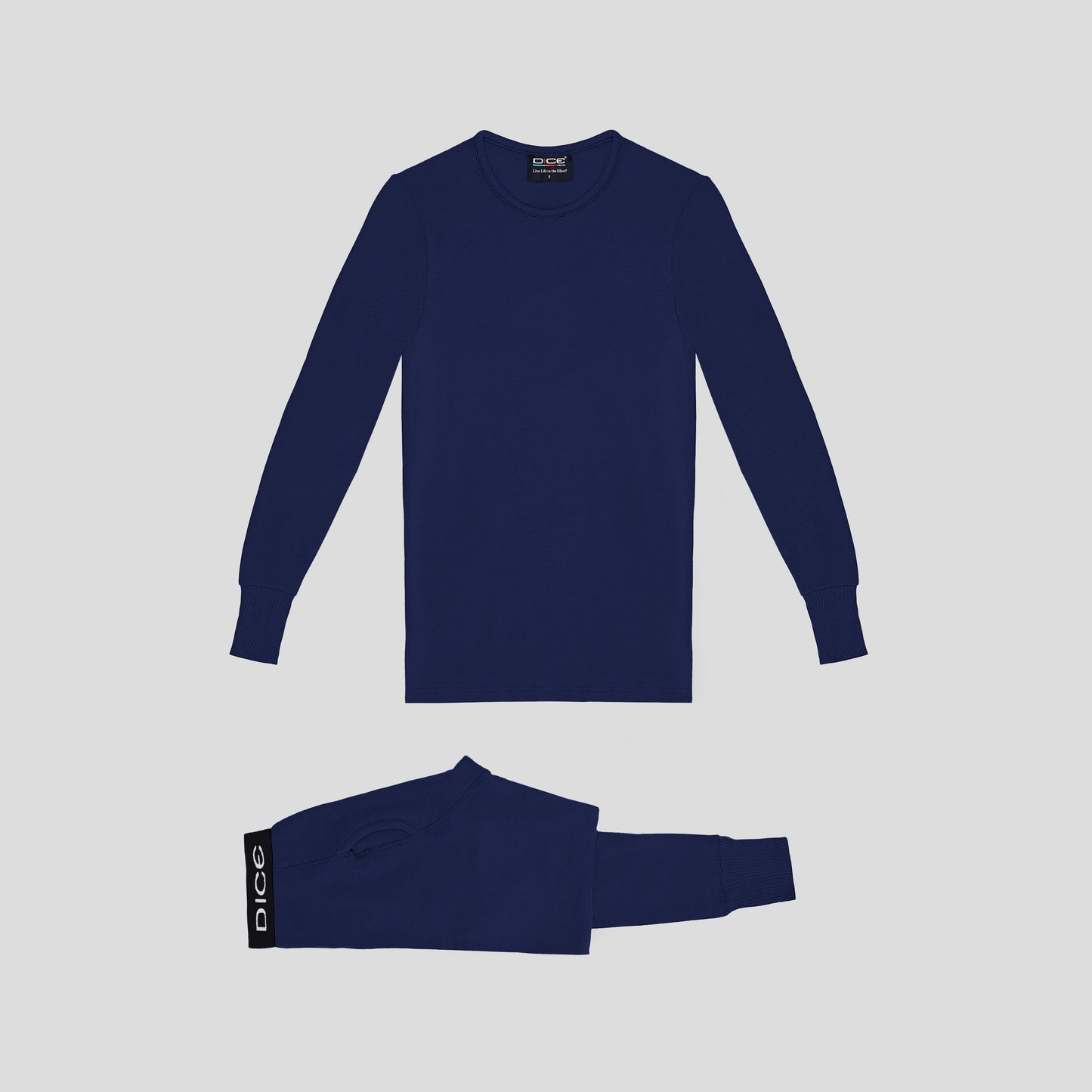 Dice navy long-sleeve shirt and pants set on a light gray background