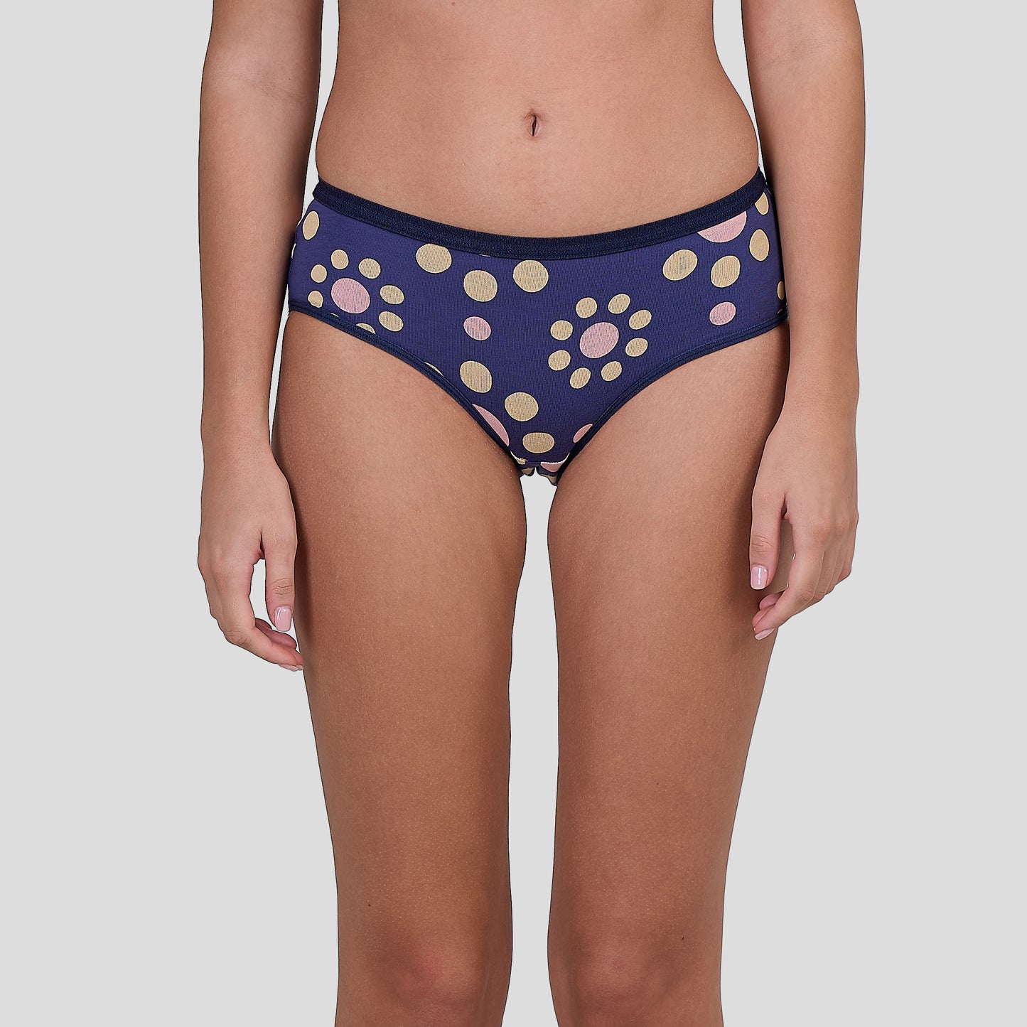 Dice Navy blue bikini bottom with colorful polka dot pattern on a plain background