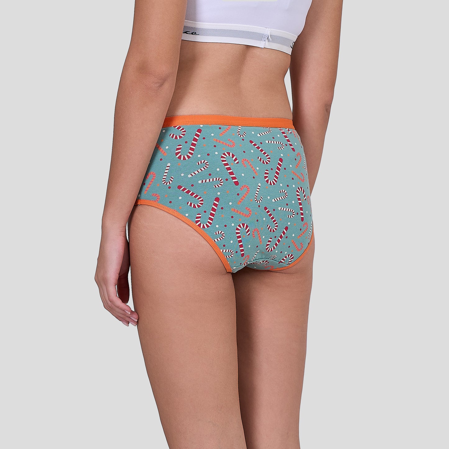 Dice Teal underwear with candy cane pattern on a plain background