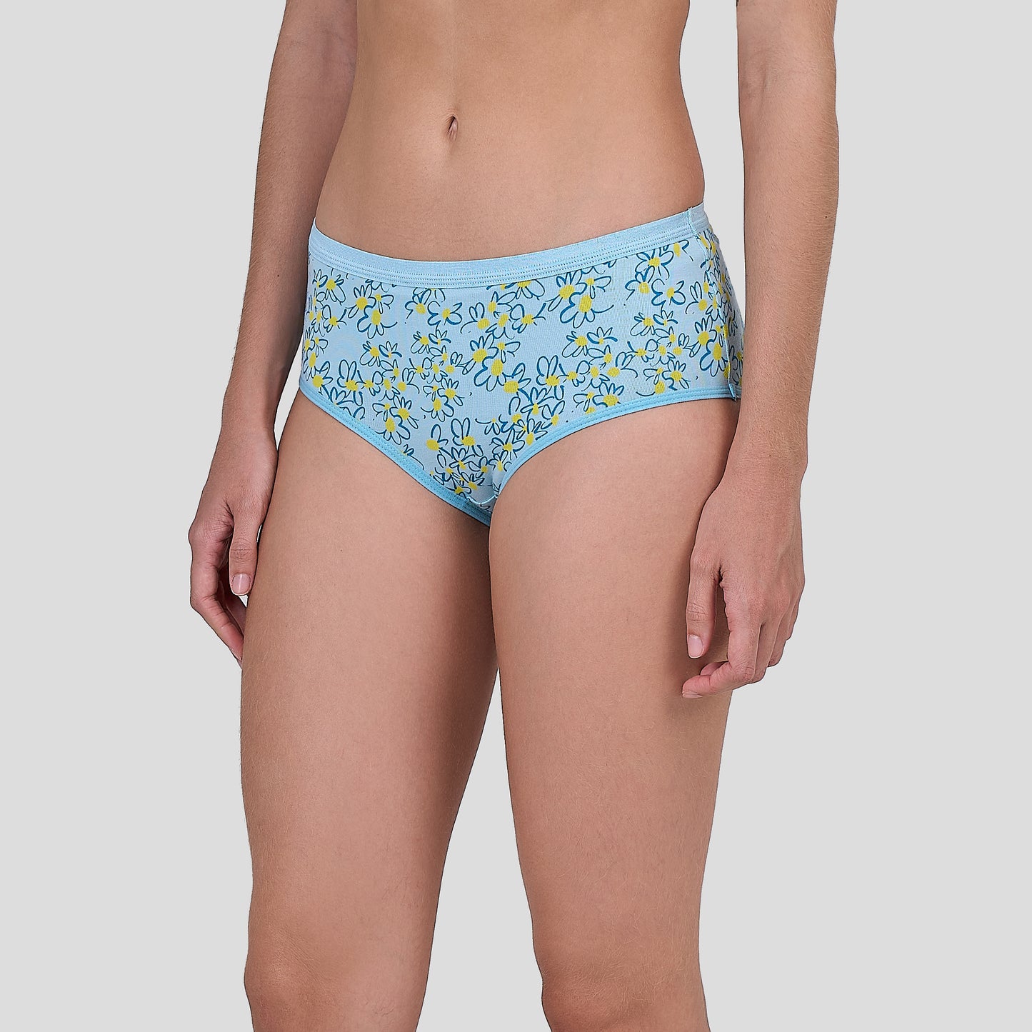Dice Blue floral-patterned underwear worn by a person on a white background
