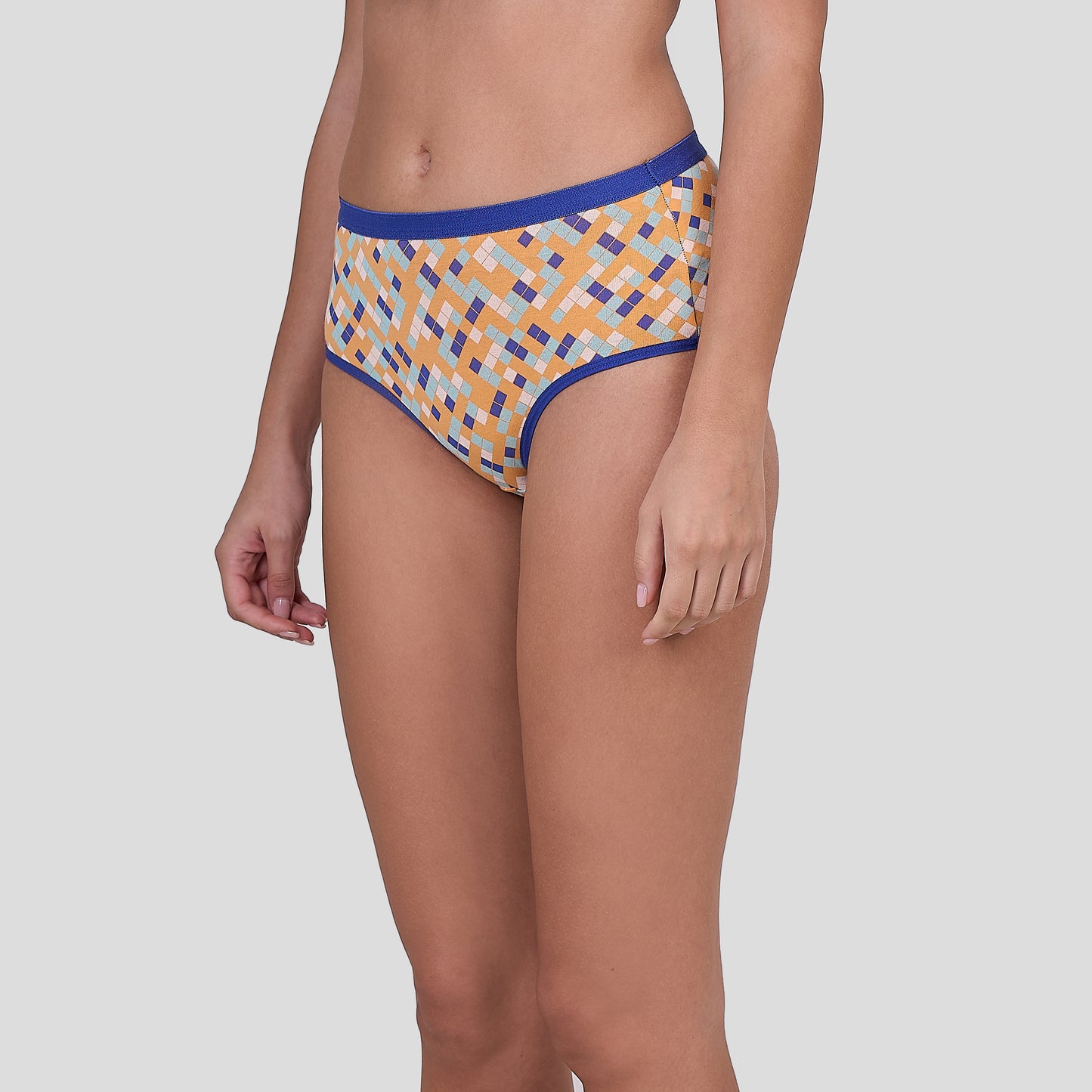 Dice Patterned underwear with blue waistband on a plain background