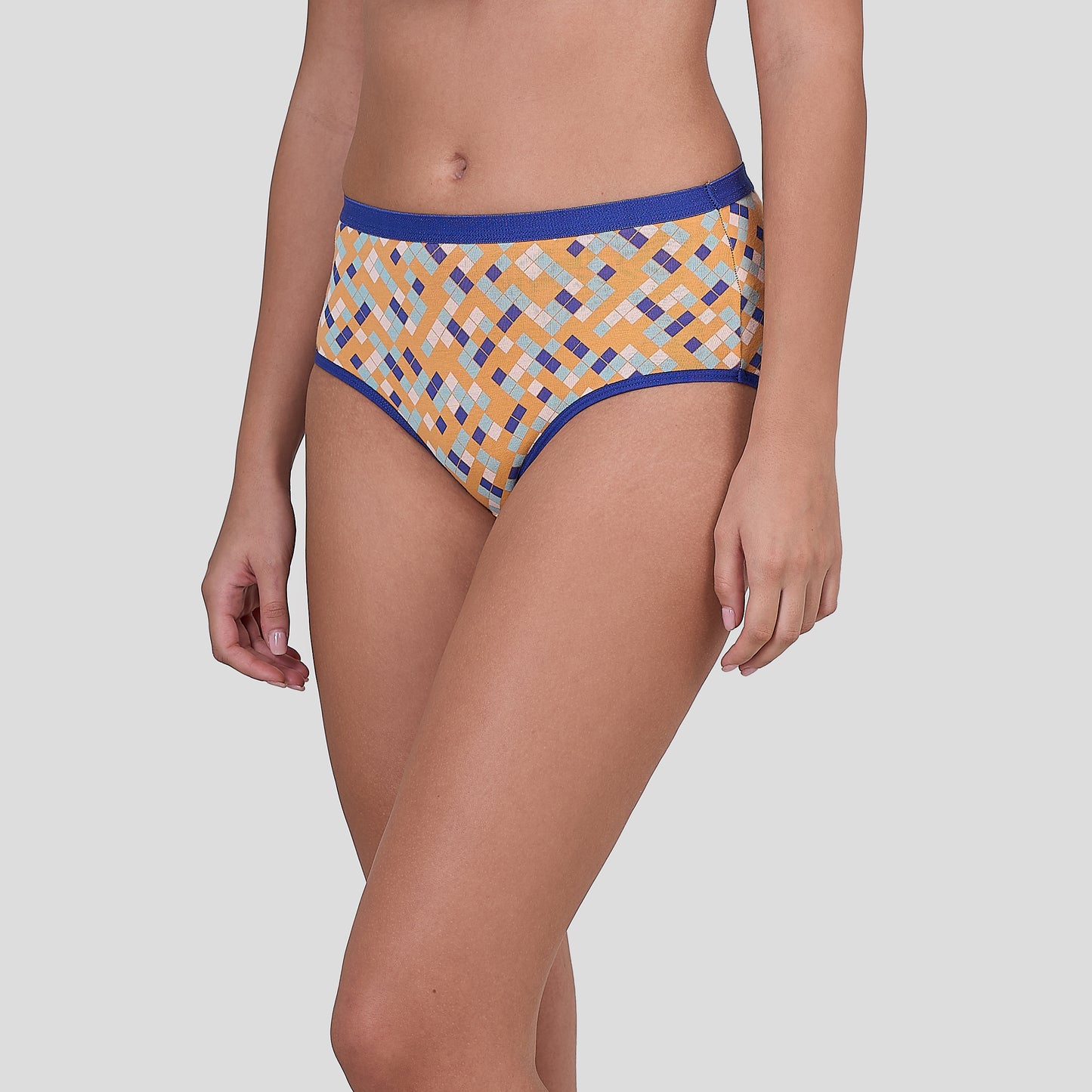 Dice Patterned underwear with blue waistband on a plain background