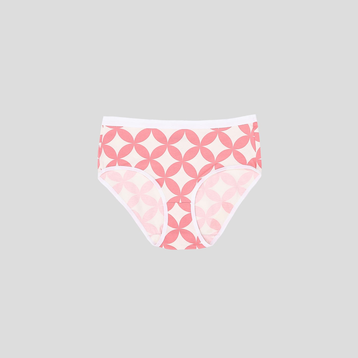 Dice White underwear with pink geometric pattern on a gray background