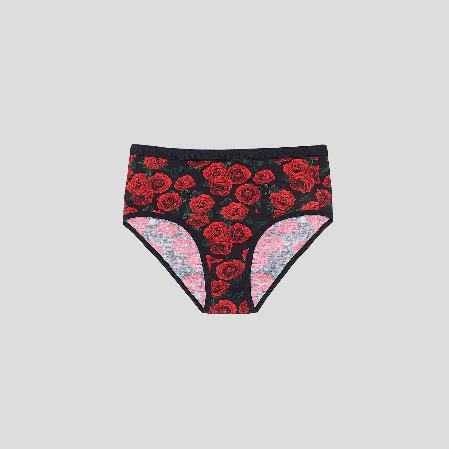 Dice Black underwear with red rose pattern on a gray background