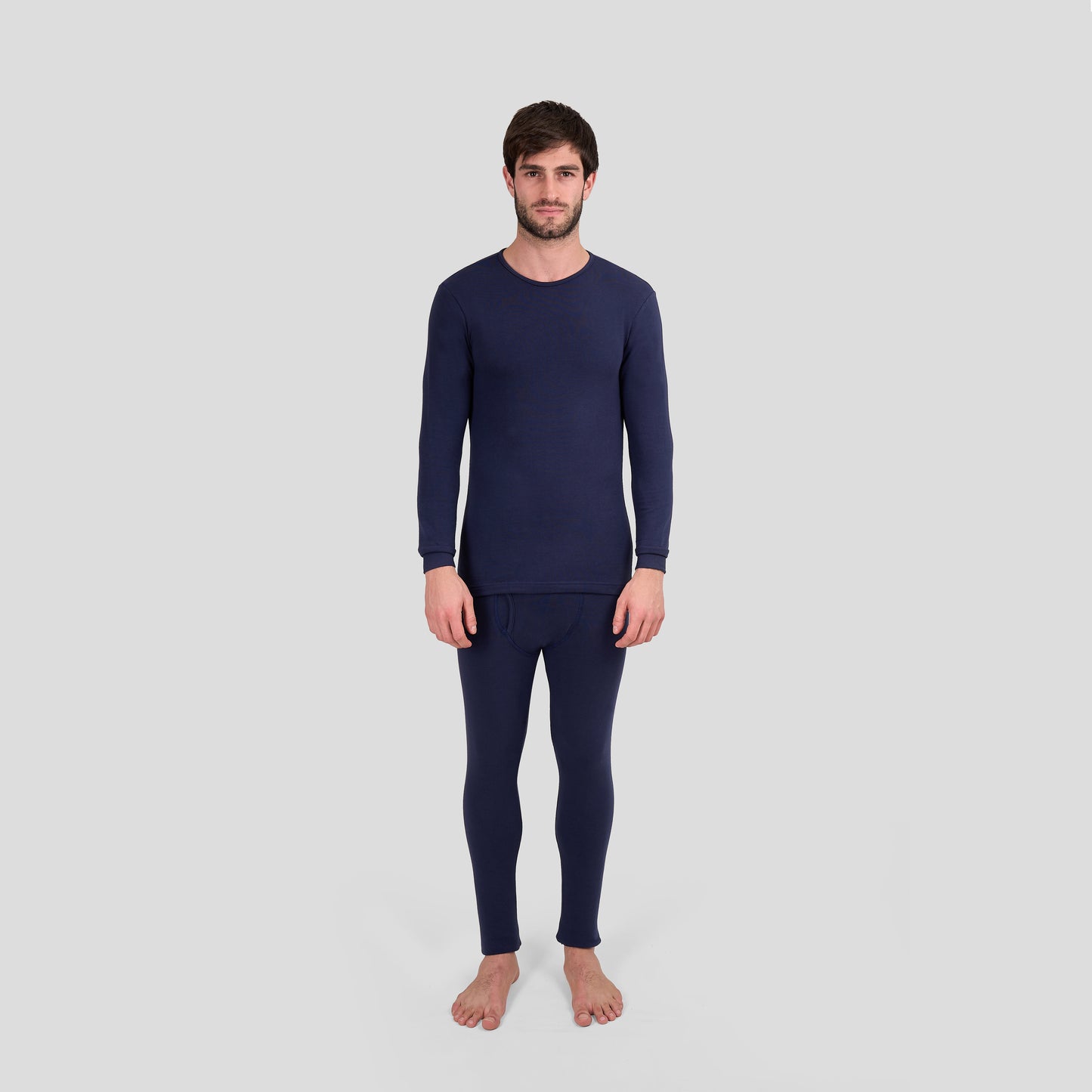 Dice navy long-sleeve shirt and pants on a light gray background