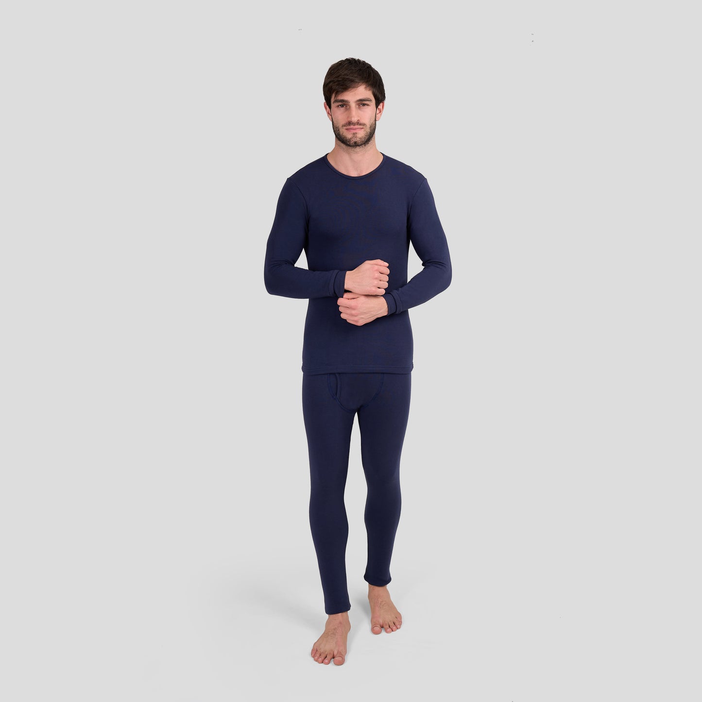 Dice navy long-sleeve shirt and pants on a light gray background