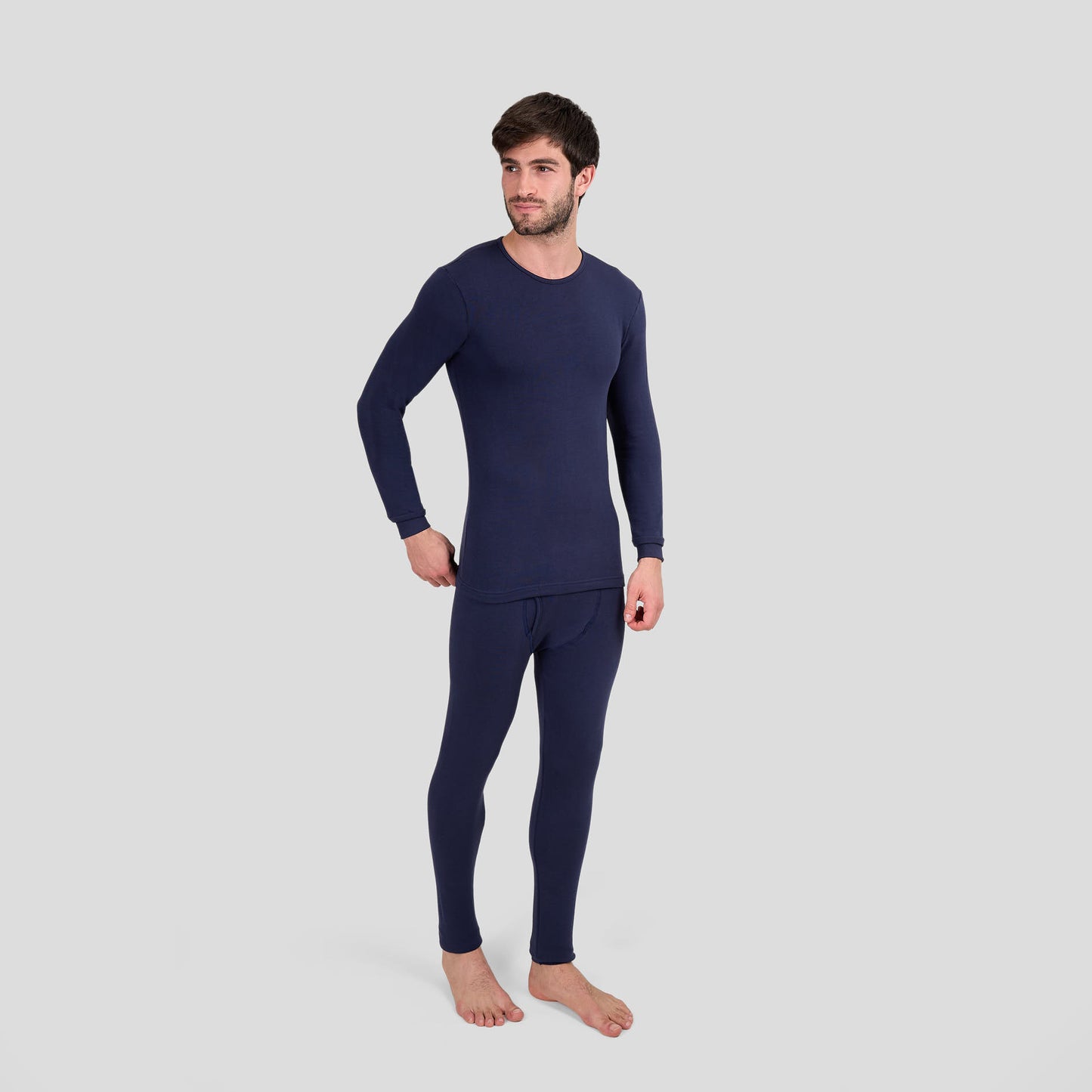 Dice navy long-sleeve shirt and pants on a light gray background