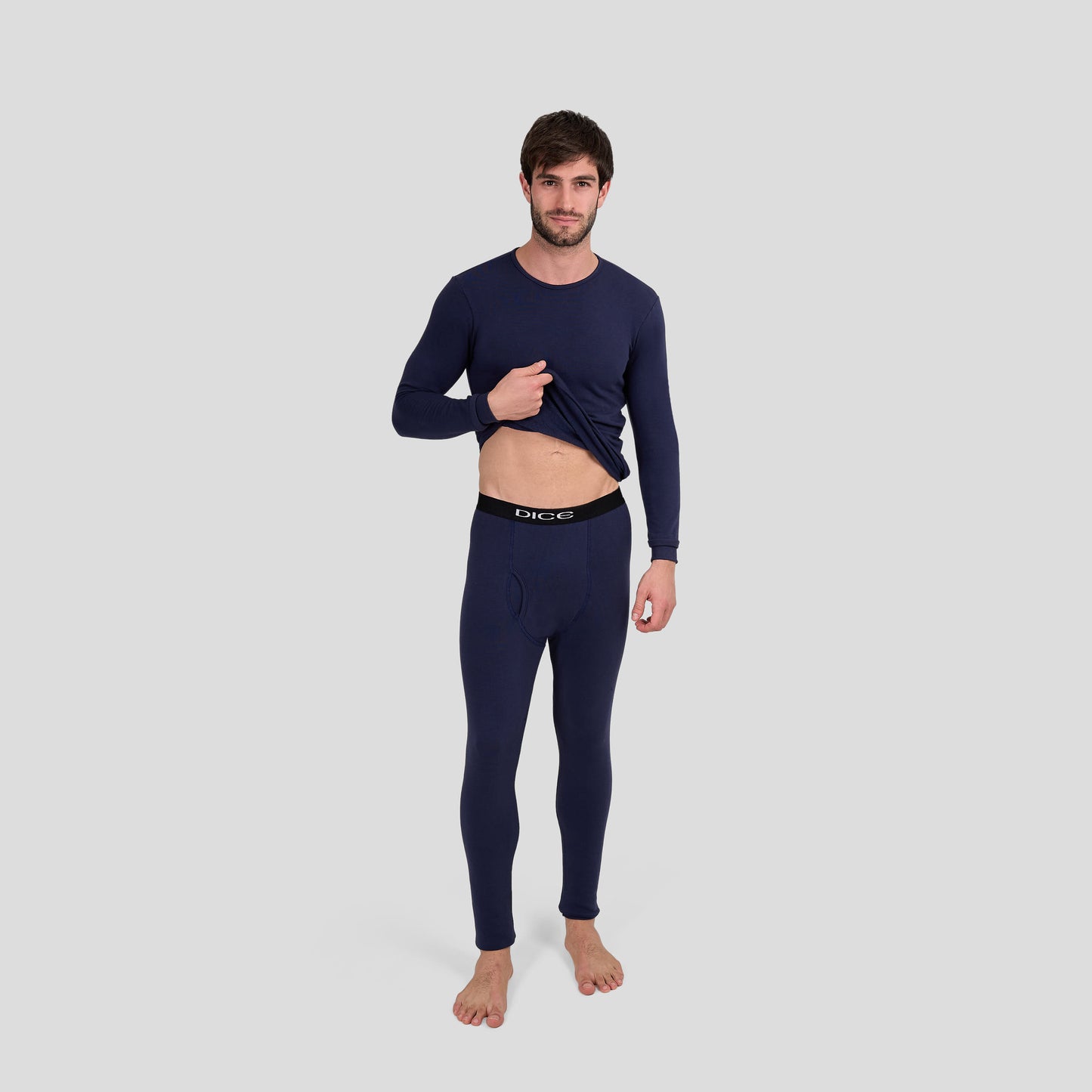 Dice navy long-sleeve shirt and pants on a light gray background