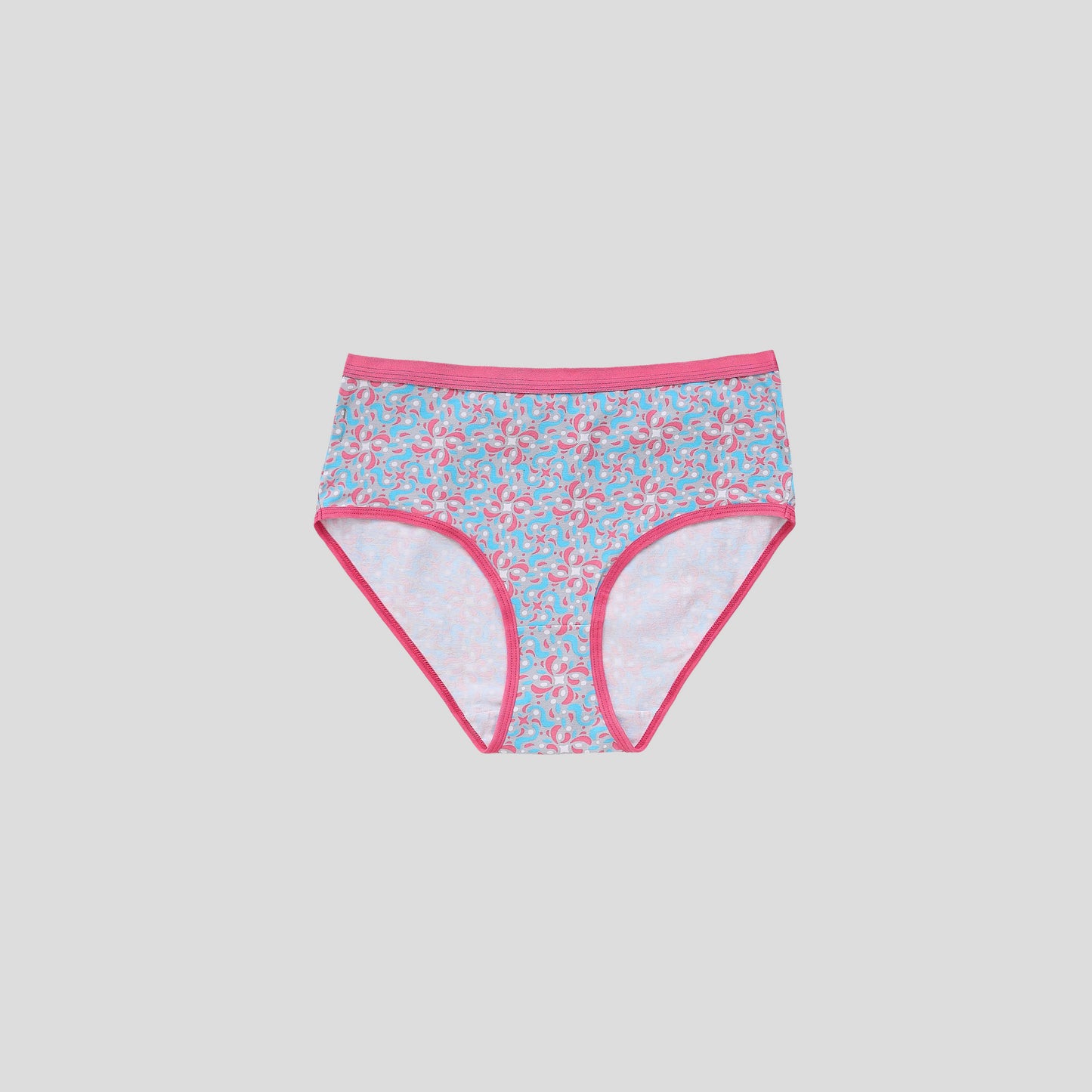 Dice Floral-patterned underwear with pink trim on a light gray background