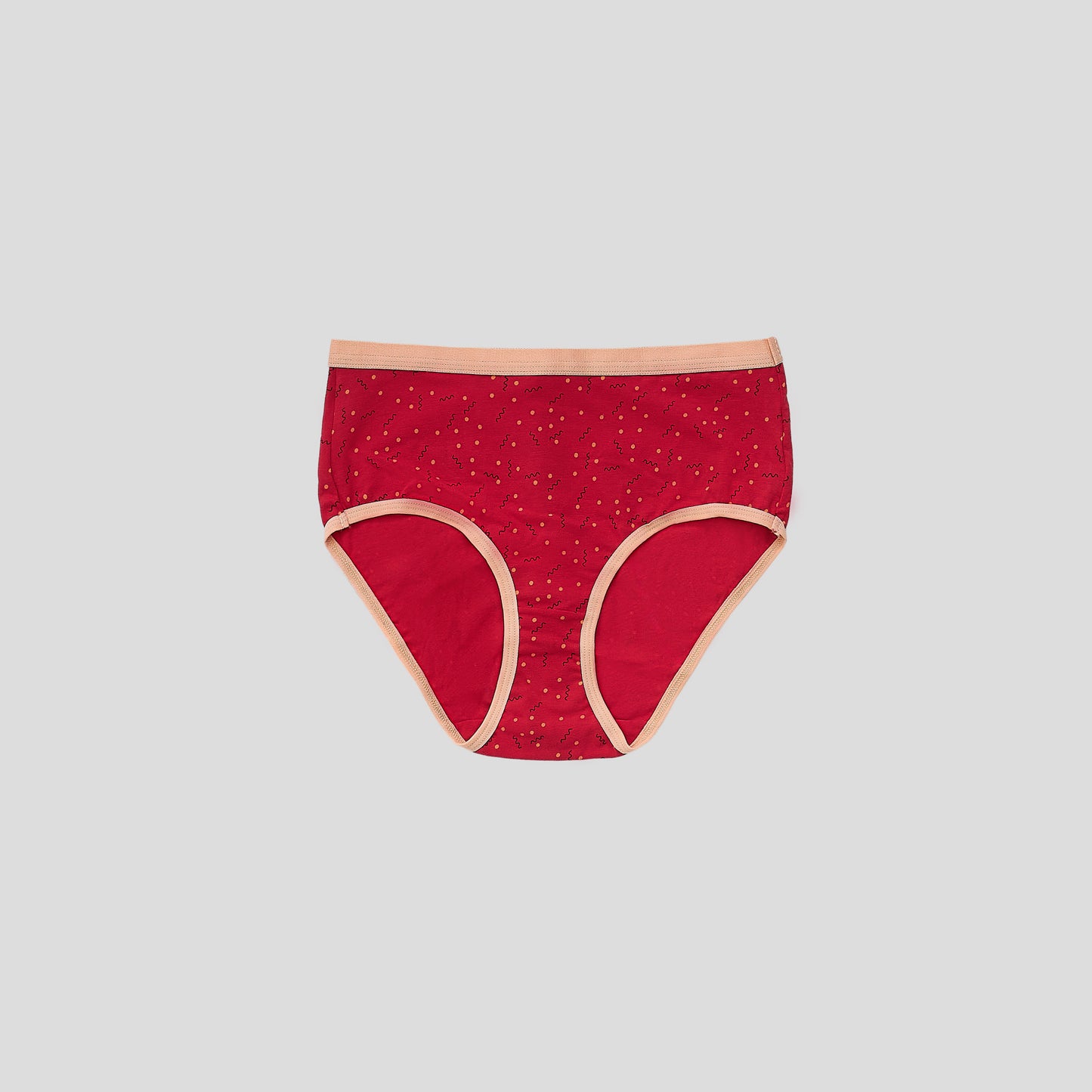 Dice Red patterned underwear with beige trim on a light gray background