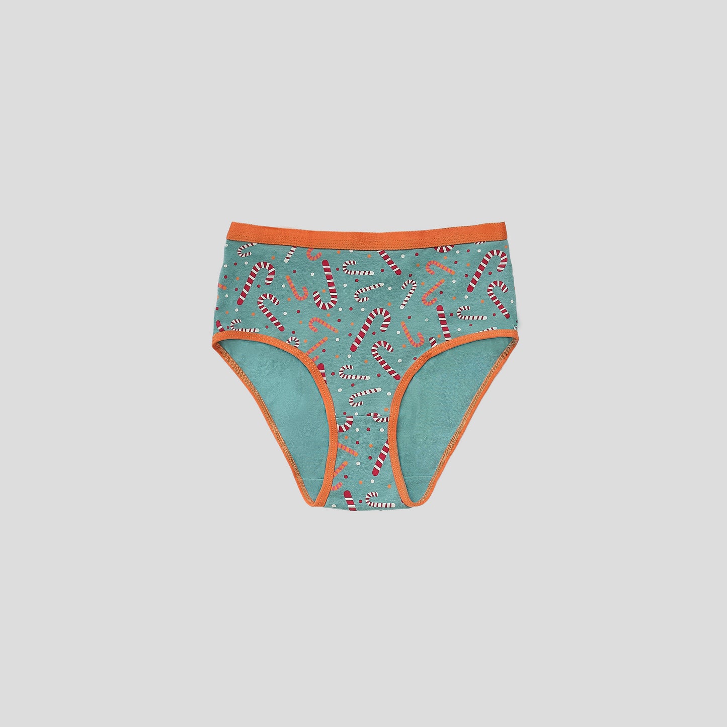 Dice Teal underwear with candy cane pattern on a light gray background