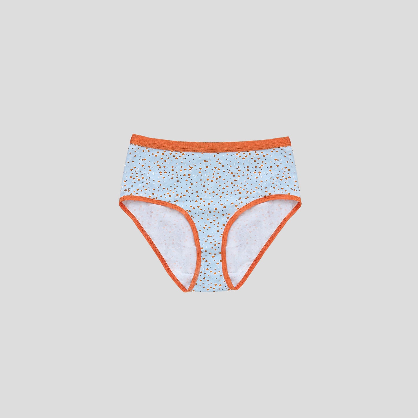 Dice women's underwear with blue pattern and orange trim on a light gray background