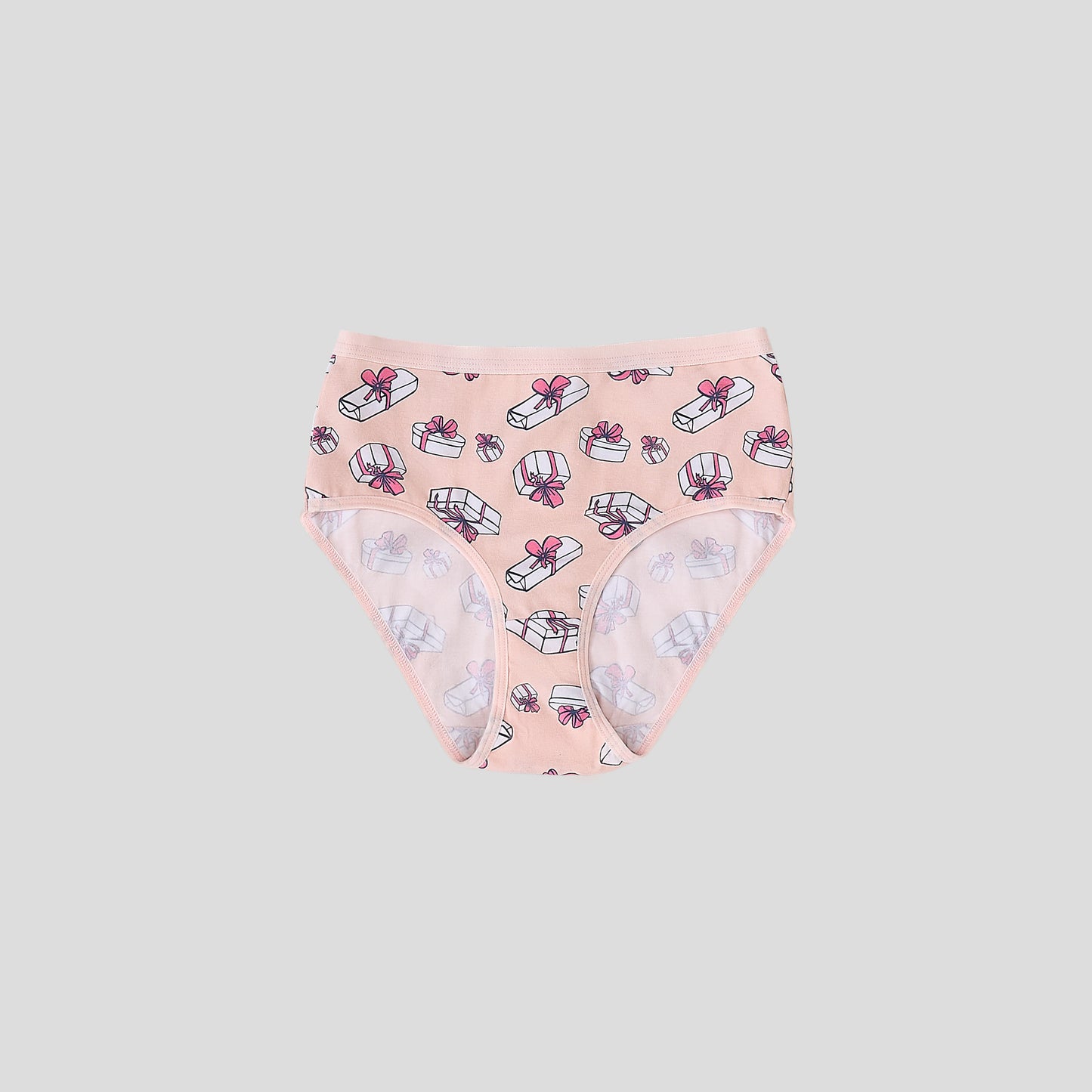 Dice Pink underwear with gift box pattern on a light gray background