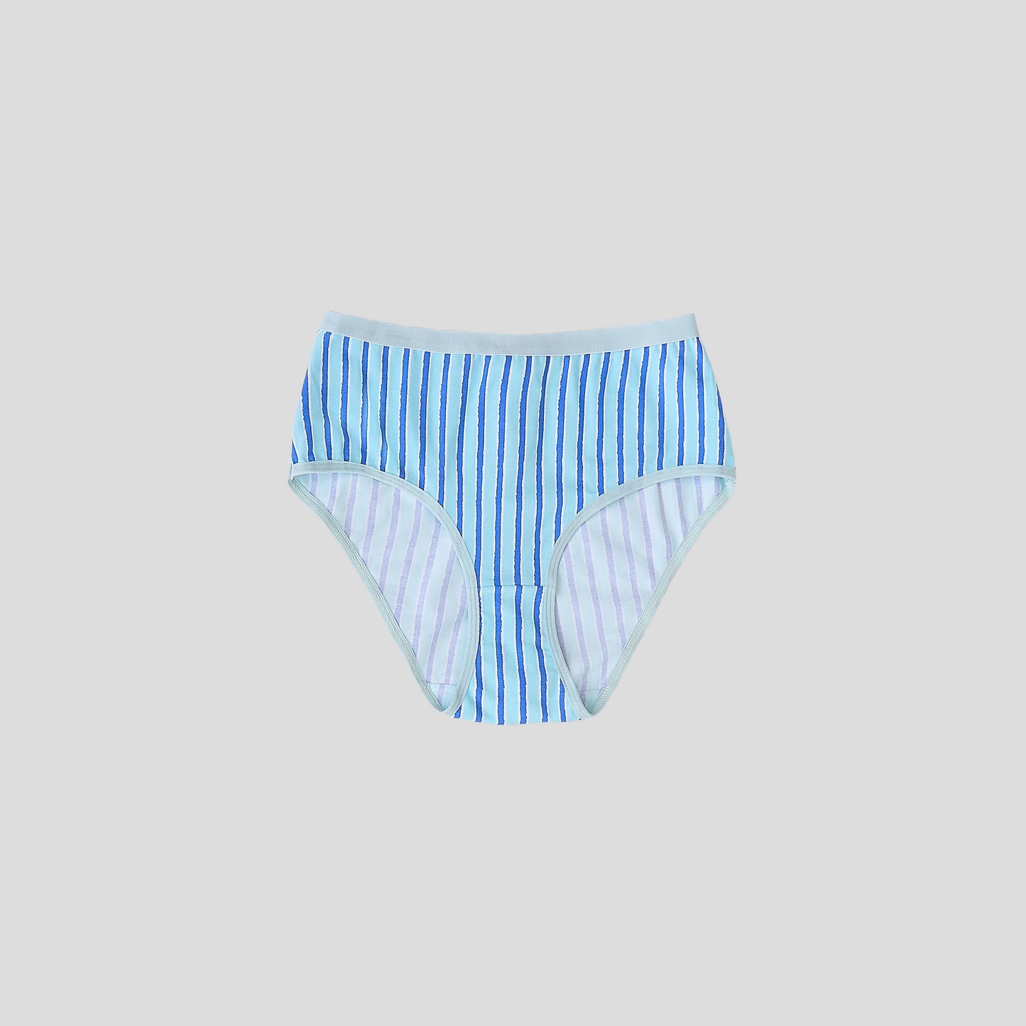 Dice Blue and white striped underwear on a light gray background