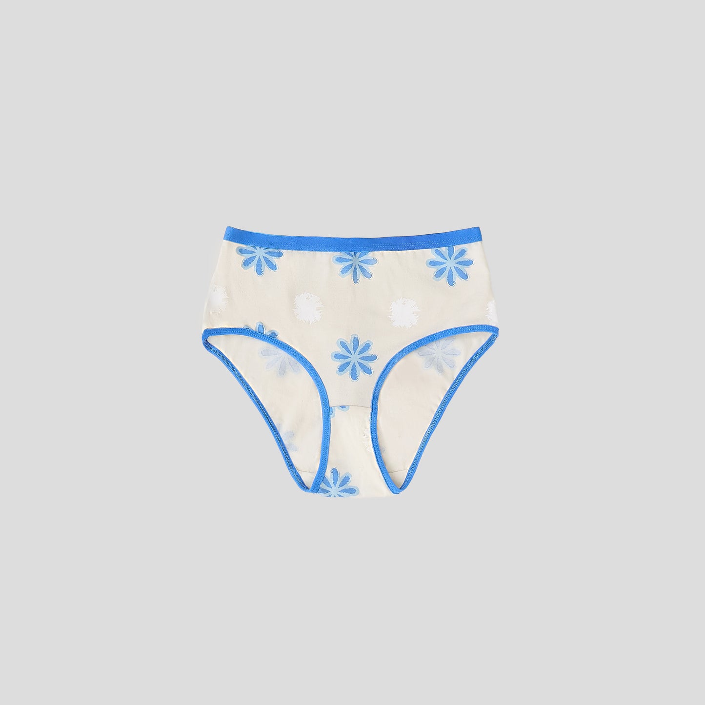 Dice underwear with blue floral patterns on a light gray background