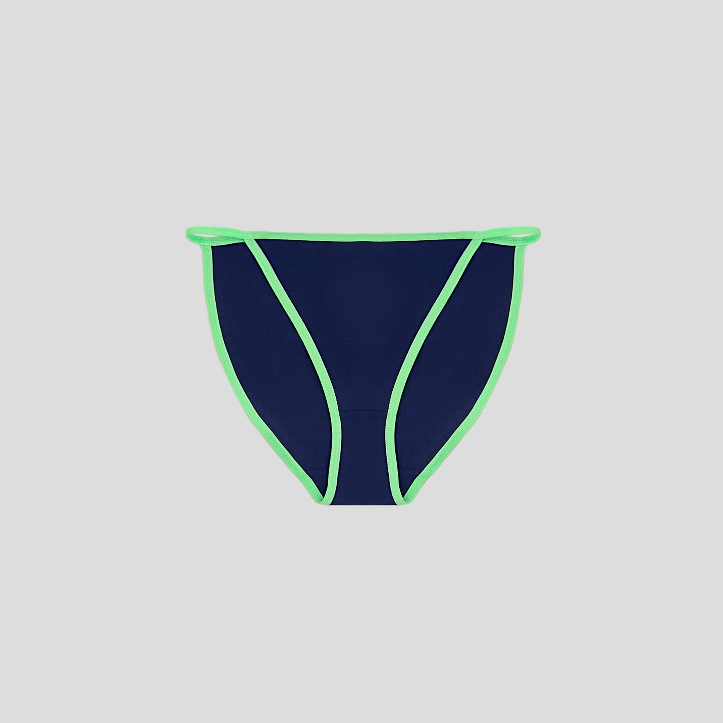 Dice Navy blue bikini bottom with green trim on a light gray background