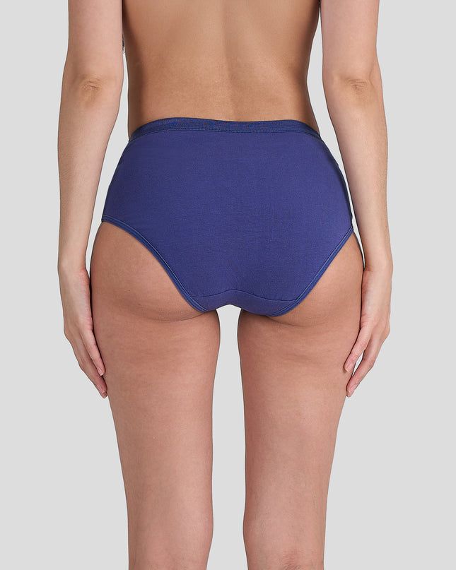Person wearing a Dice blue high-waisted bikini bottom on a plain background