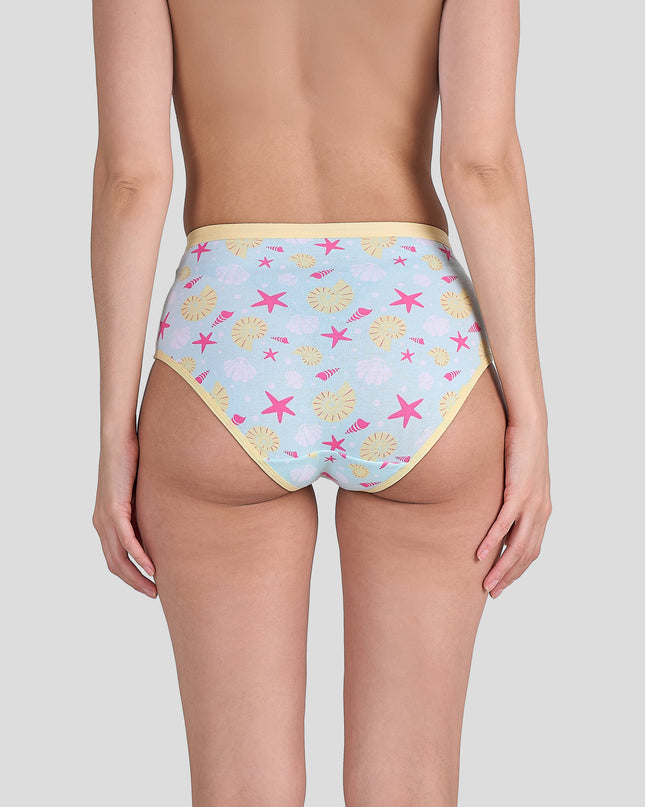 Dice Pastel blue bikini bottom with starfish and shell pattern on a plain background