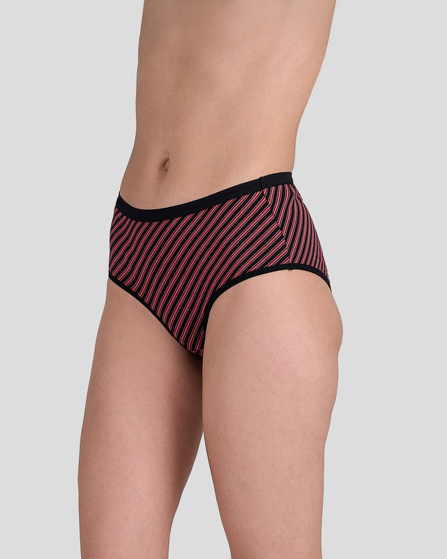 Person wearing a Dice red and black striped underwear on a gray background