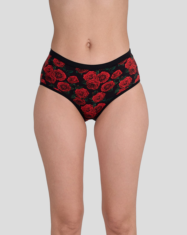 Dice Black underwear with red rose pattern worn by a person on a gray background