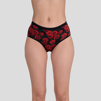 Dice Black underwear with red rose pattern worn by a person on a gray background