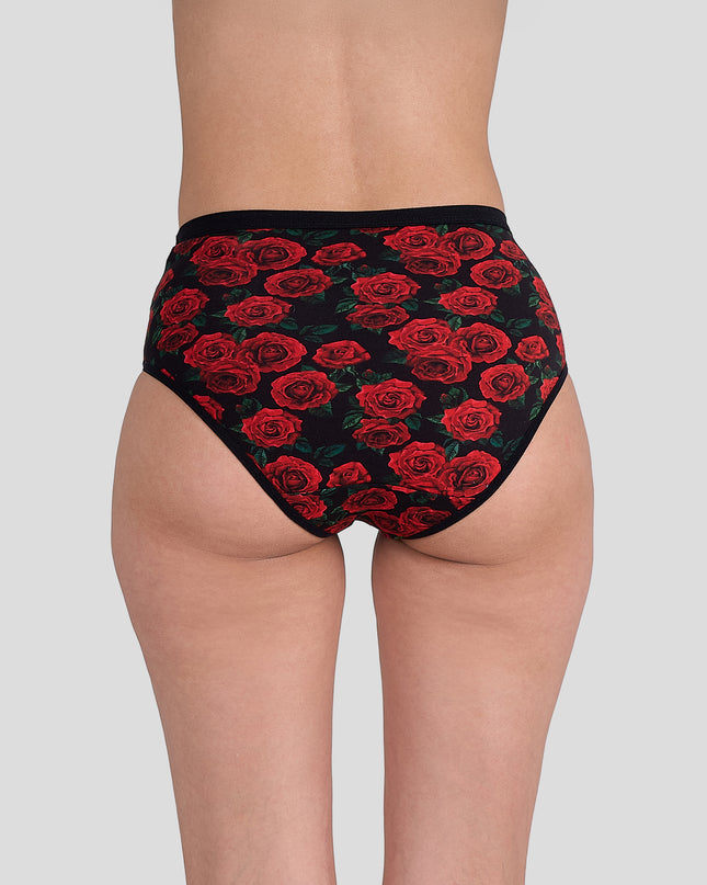 Dice Black underwear with red rose pattern worn by a person on a gray background