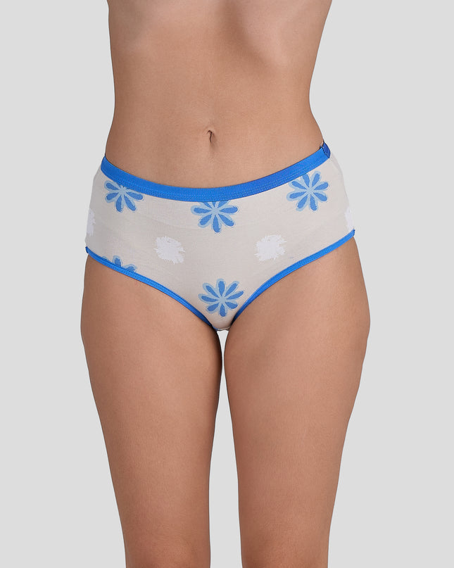 Dice White underwear with blue floral patterns on a plain background