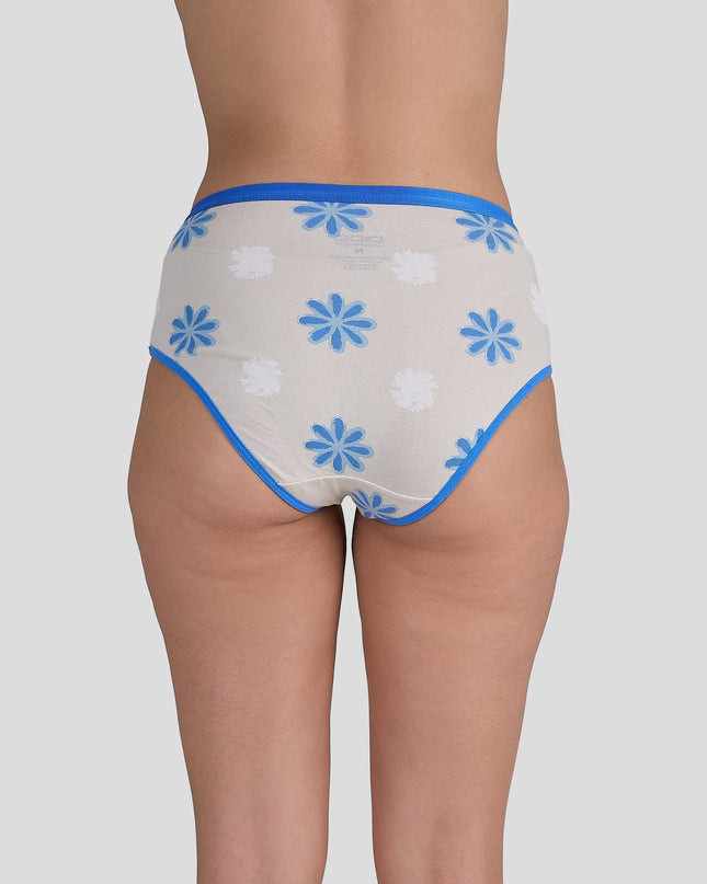 Dice Beige underwear with blue floral patterns on a plain background