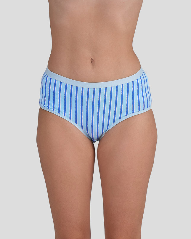 Dice Blue and white striped underwear on a plain background