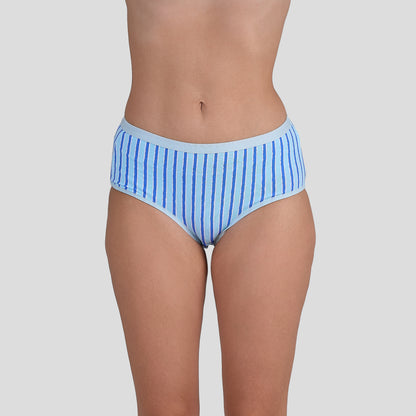 Dice Blue and white striped underwear on a plain background