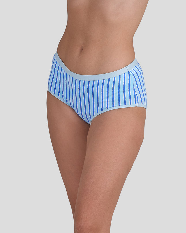 Dice Blue striped underwear worn by a person on a gray background