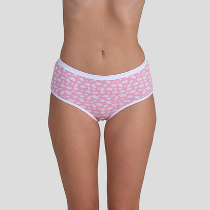 Dice Pink patterned underwear worn by a person on a gray background