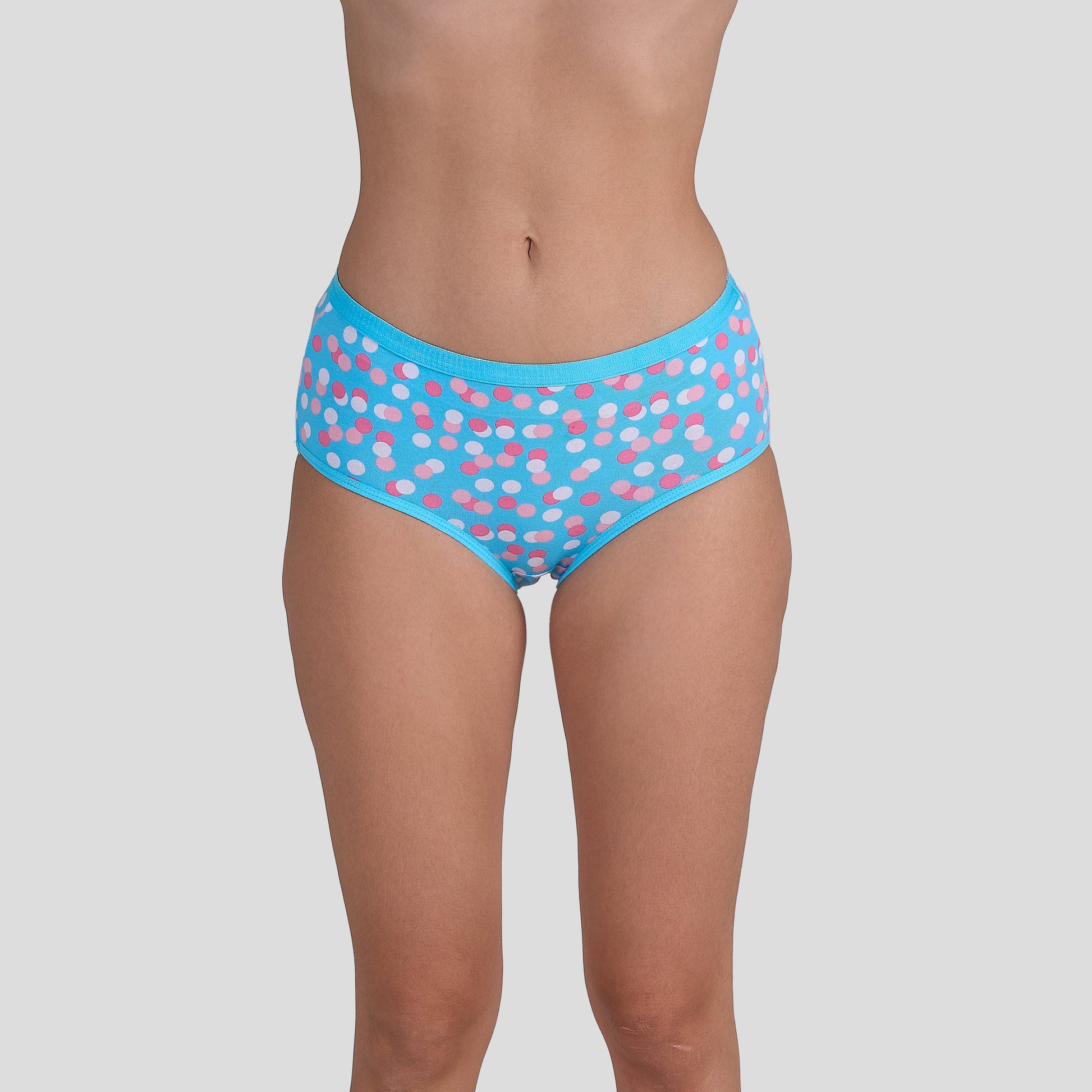 Dice Blue patterned underwear worn by a person on a gray background