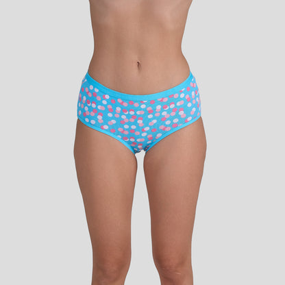 Dice Blue patterned underwear worn by a person on a gray background