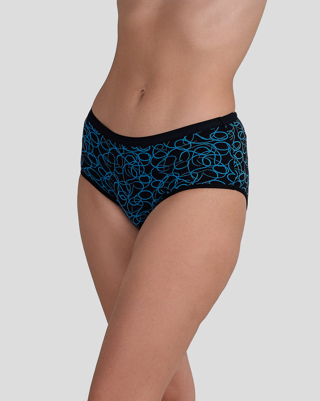Dice Black underwear with blue pattern worn by a person on a gray background