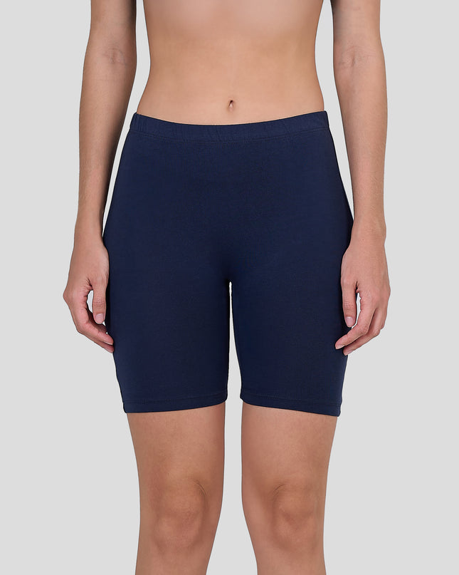 Dice Navy blue athletic shorts worn by a person on a light gray background