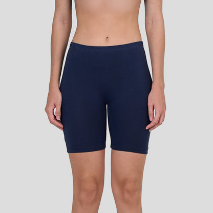 Dice Navy blue athletic shorts worn by a person on a light gray background