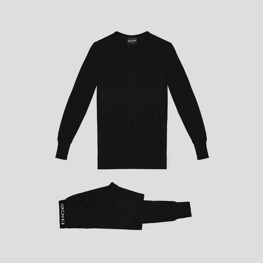 Black long-sleeve shirt and pants set on a light gray background