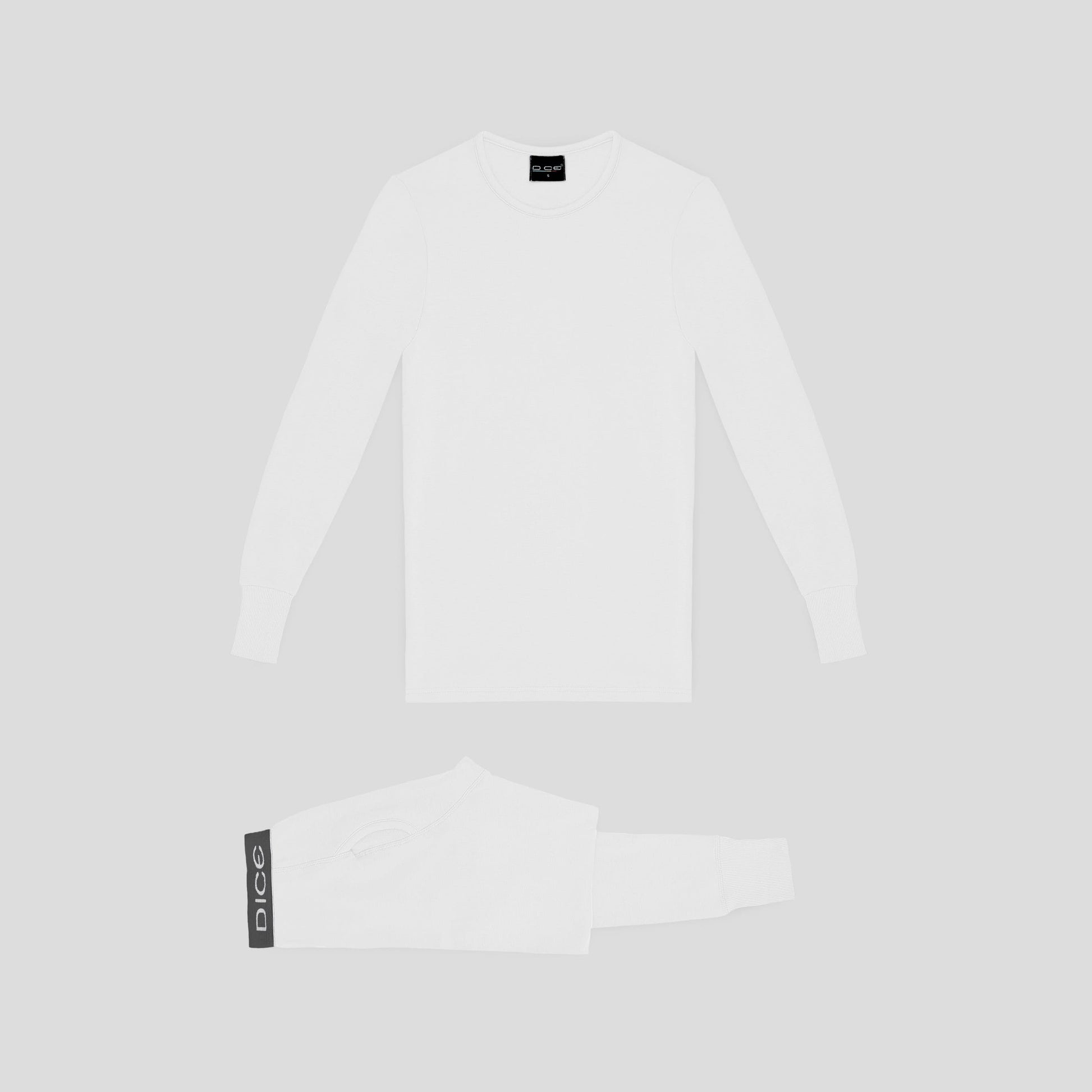 Dice white long-sleeve shirt with a brand label on a light gray background