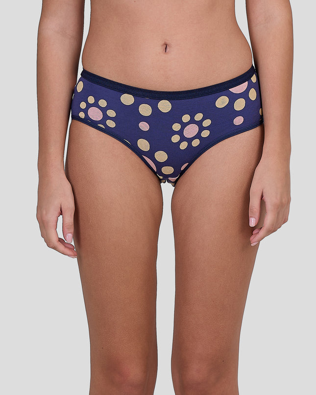 Dice Navy blue bikini bottom with colorful polka dot pattern on a plain background