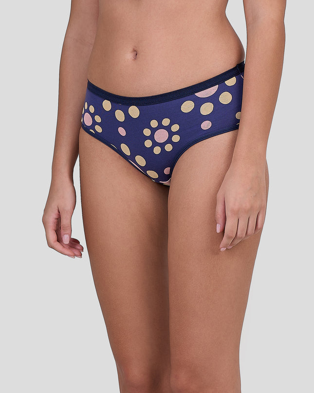 Dice Navy blue underwear with yellow floral patterns on a neutral background